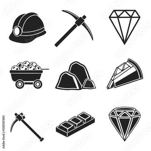 Collection of mining and construction tools along with precious gemstones and mineral deposits reflecting excavation and jewelry crafting themes