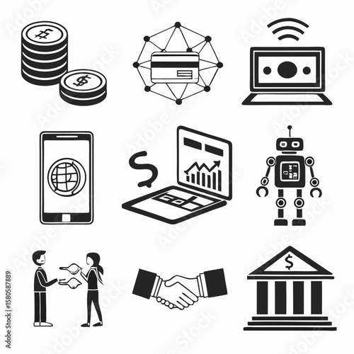 A Diverse Collection of Digital Finance and Technology Icons Representing Cryptocurrency and Financial Transactions in a Modern Digital World