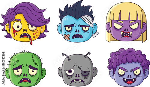 Cartoon zombie heads set, cute Halloween monster avatars, colorful undead faces with funny expressions and quirky hair styles