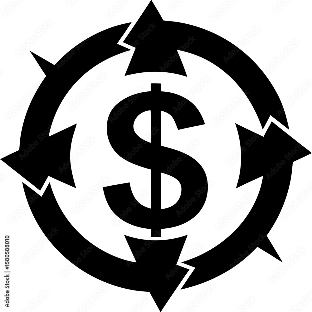 Dollar symbol encircled by arrows pointing inward silhouette vector illustration Dollar symbol encircled by arrows pointing inward silhouette vector illustration