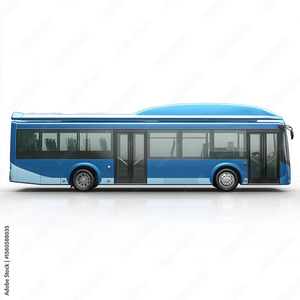 Modern blue public transportation bus with large windows Modern blue public transportation bus with large windows