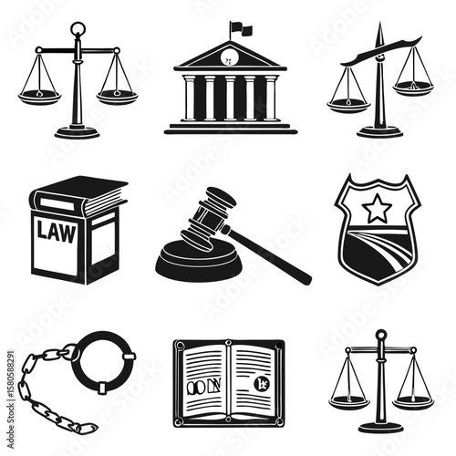 Icons Representing Legal System and Justice Symbols in a Monochrome Style Suitable for Legal Publications and Educational Materials