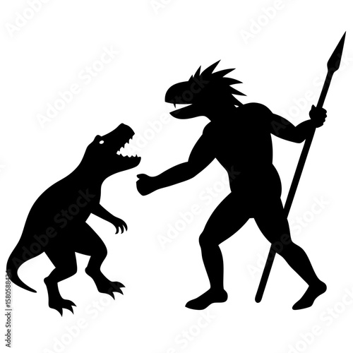 Reptilian humanoid confronting dinosaur silhouette vector illustration