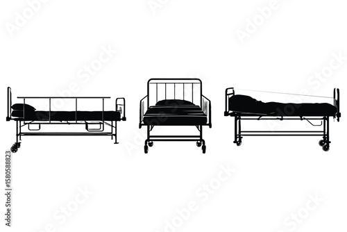 hospital bed silhouette icons in black, showing multiple bed designs for patient care