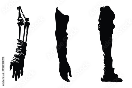 human leg and arm prosthetic silhouette illustrations in black, detailed artificial limbs
