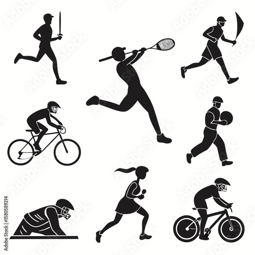 Diverse individuals engaging in various sports and physical activities symbolizing health and active lifestyles in a modern vector illustration