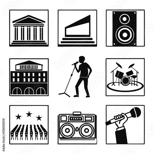 Modern music and performance venue with sound equipment and artist ready for stage entertainment showcasing musical instruments and concert setup