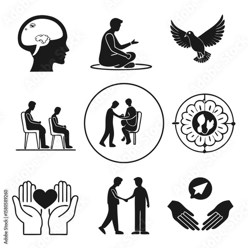 Diverse Psychological and Social Themes Depicted Through Minimalist Icons Highlighting Mental Health, Communication, Connection, and Emotional