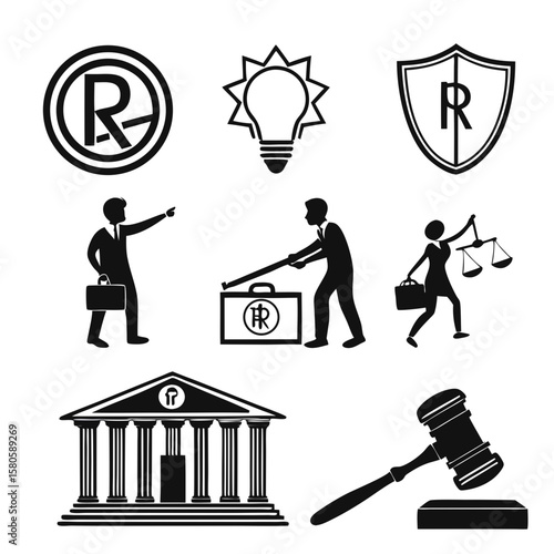 Legal and ethical symbols representing intellectual property, justice, and authority in a minimalistic style with icons of law and governance