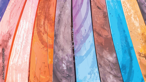Artistic view of colorful wooden planks arranged vertically with a textured watercolor effect style look