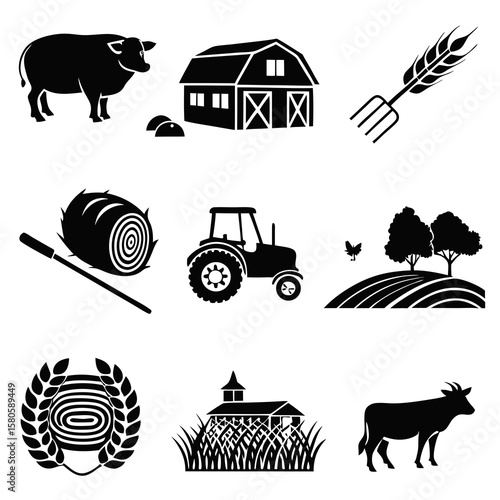 Diverse farm and rural life icons depicting agricultural animals crops machinery and landscapes in vector silhouette style for farming and