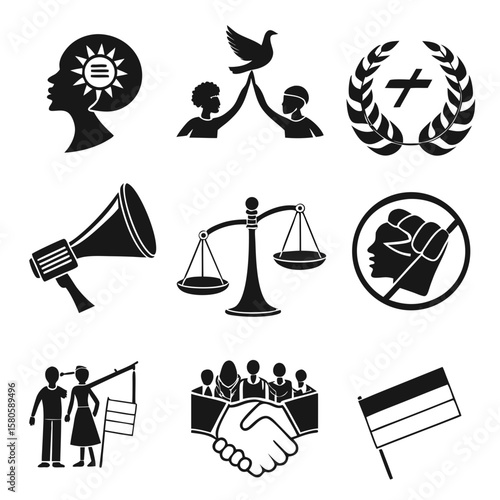 Symbolic representation of social justice advocacy and community unity through diverse icons demonstrating equality and human rights