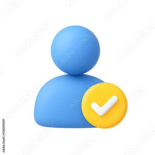 3D blue person icon with yellow check mark symbol showing verified user status isolated on transparent background
