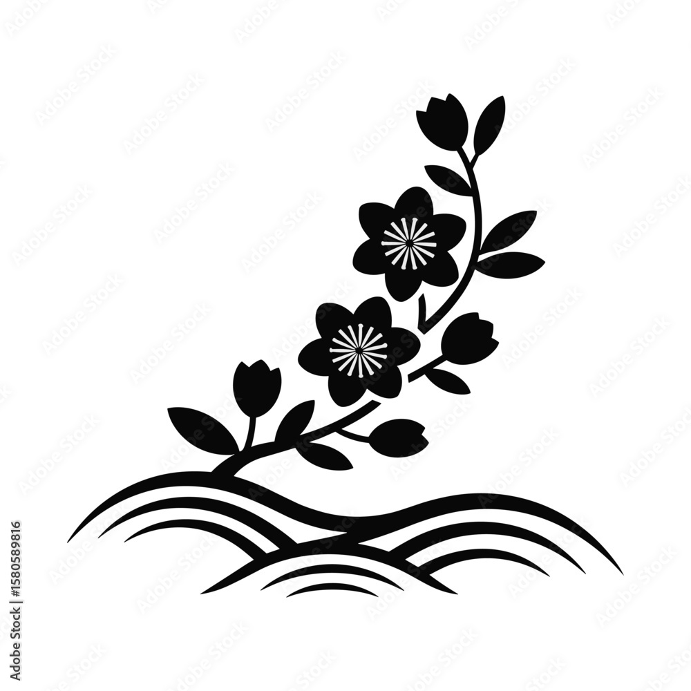 Elegant black and white floral vector illustration featuring blossoms and decorative elements Elegant black and white floral vector illustration featuring blossoms and decorative elements
