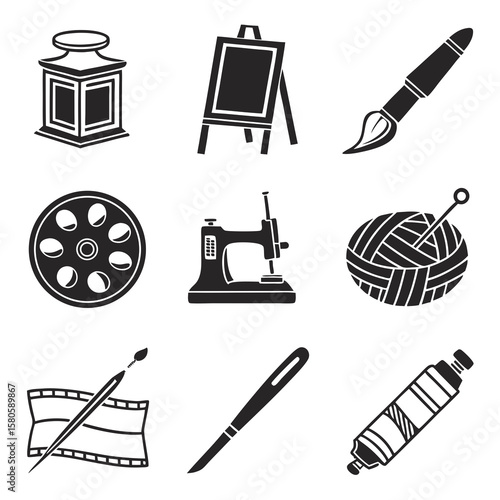 Creative art tools and supplies arrangement featuring paint, canvas, yarn, and sewing equipment for artistic expression and craftsmanship exploration