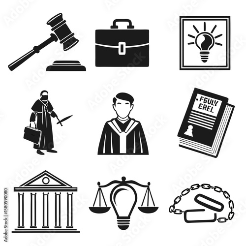 Composite of Justice System Icons Including a Gavel, Court, Lawyer, and Symbols of Law and Governance Highlighting Legal Processes and Judicial