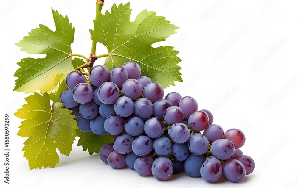 Fototapeta premium Purple grapes with green leaves on white background