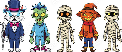 Cute Halloween cartoon characters in costume, including cat in tuxedo, zombie, mummy, pumpkin head scarecrow, isolated on white