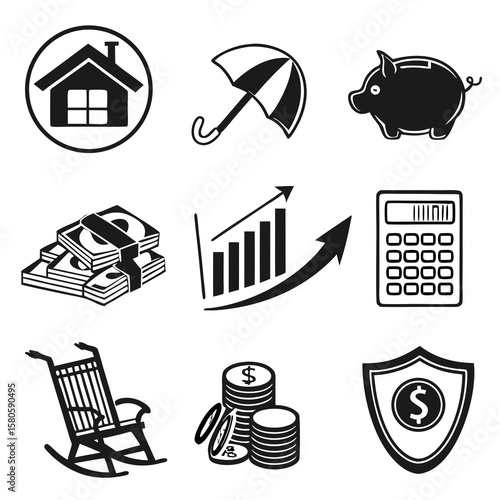 Economic stability and financial growth represented by icons depicting savings, investments, and security measures in a modern digital economy