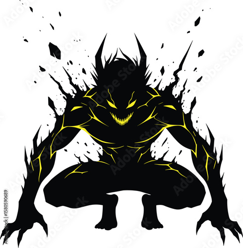 Dark demon crouching silhouette with glowing yellow cracks, evil creature illustration, monster energy burst, horror fantasy vector, villain artwork
