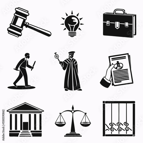 Legal and justice symbols including gavel scales law court and judicial icons representing governance and legal processes in a minimalistic style