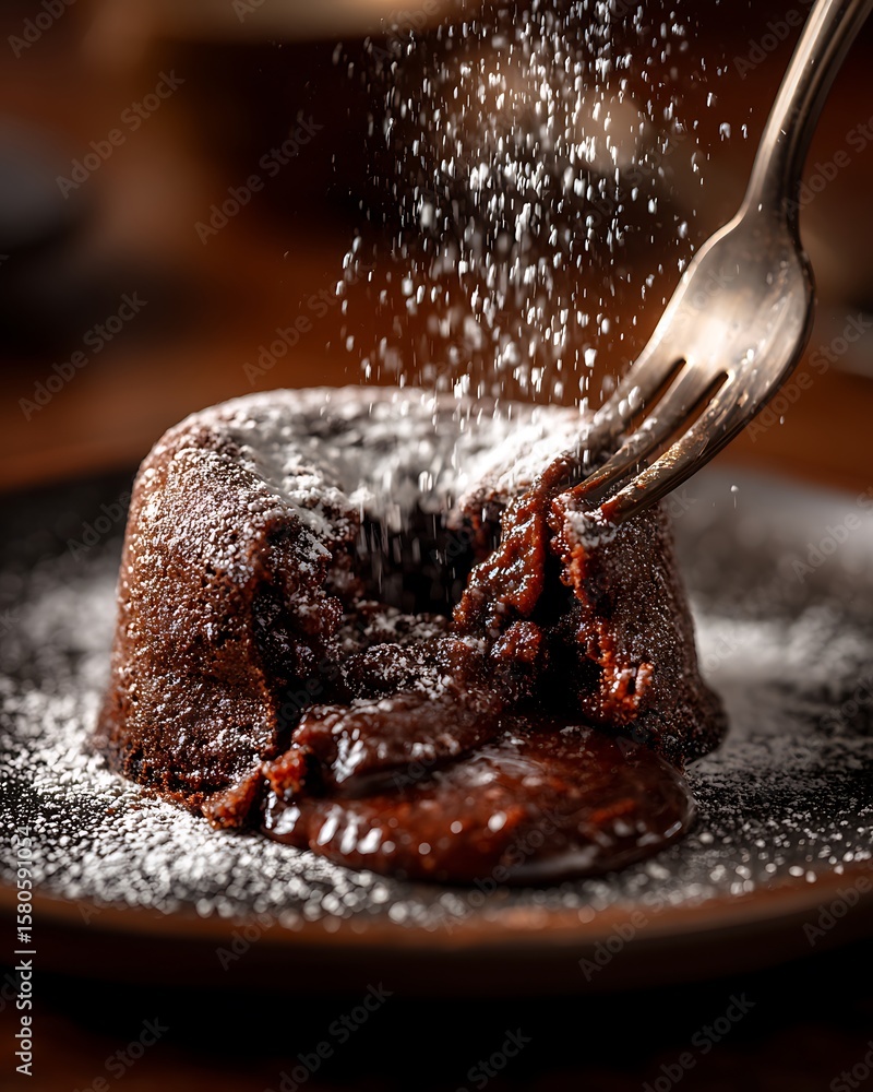 Fototapeta premium Decadent chocolate lava cake is sprinkled with powdered sugar by a fork for a delicious dessert experience.