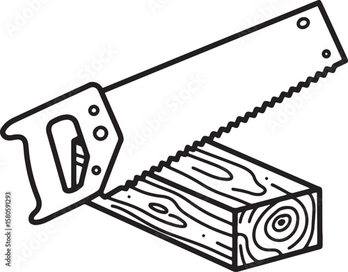 A black and white illustration of a hand saw cutting through a wooden plank