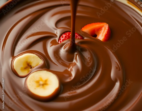 Swirl of chocolate fondue with strawberries and banana slices submerged