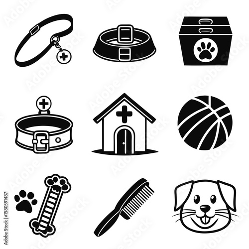 A Diverse Collection of Dog Accessories and Pet Care Items in Minimalist Style for Pet Owners and Animal Enthusiasts