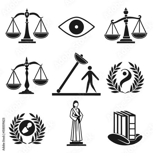 symbolic representation of justice and fairness concepts in black and white icons highlighting legal principles and ethical values in society
