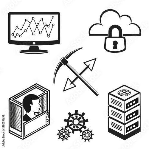 Comprehensive digital security and data management icons illustrating cybersecurity infrastructure and cloud protection mechanisms