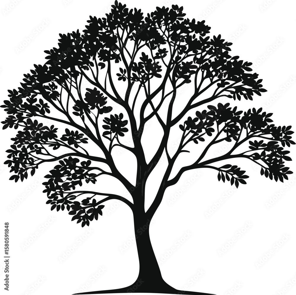 Obraz premium Detailed black silhouette of a lush tree with many leaves