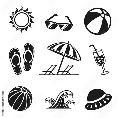 Set of minimalist black and white icons representing summer activities including sun lounging surfboard and drinks