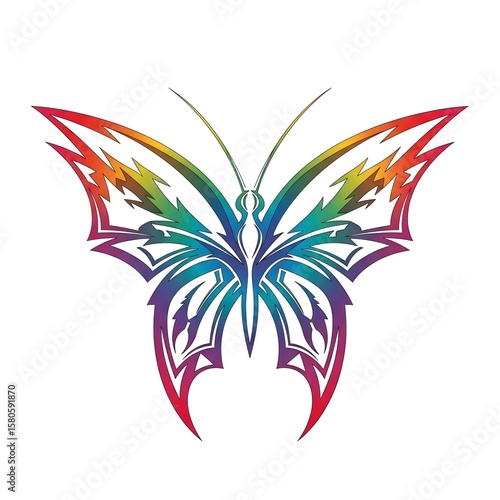 Vibrant multicolored tribal butterfly illustration featuring symmetrical flame-style wings on a clean white background, ideal for tattoos, digital art, decor, or logo design