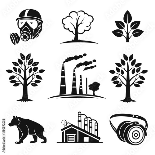 Environmental Pollution and Protection Symbols Emphasizing Balance Between Industry and Natural Ecosystem