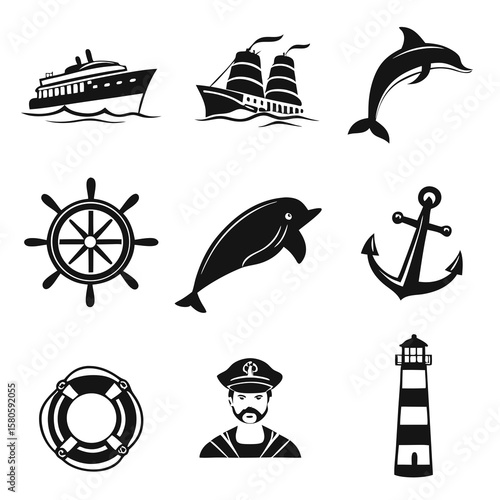 Collection of maritime icons depicting ships aquatic creatures navigational tools and port elements with minimalist black silhouettes for versatile