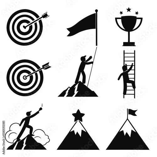 Symbolic representations of goals achievement and perseverance in challenging scenarios illustrating motivation and success concepts