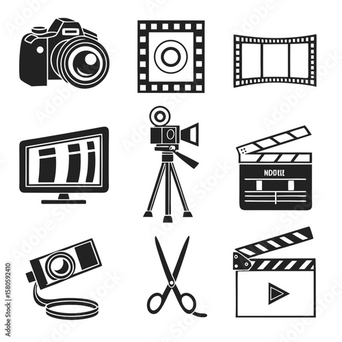 Collection of various black and white film and photography tools including camera, film strip, tripod, monitor, and editing equipment for visual