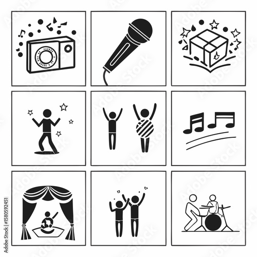 Set of nine diverse entertainment and performance icons illustrating music, dance, theater, and celebration activities in minimal line art style for