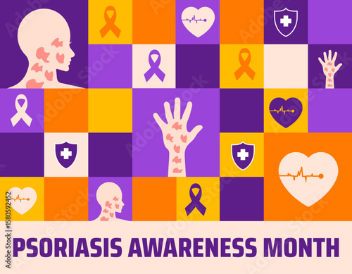 Psoriasis Awareness Month Geometric shape pattern background, banner or poster design template. observed every year in August. Holiday concept. Use to any Template, card, poster, placard, template.