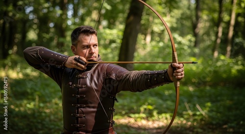 Man in medieval attire, drawing a longbow in a forest setting.
