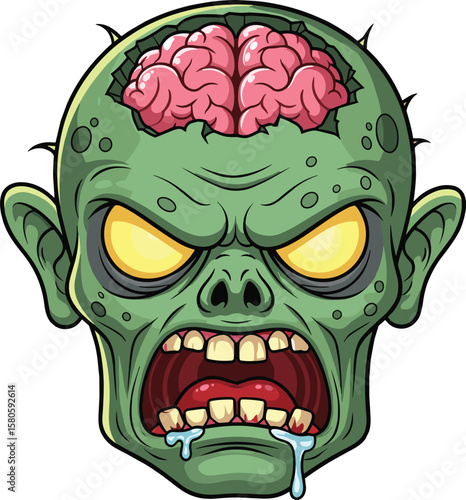 Scary zombie head cartoon illustration with exposed brain, drooling mouth, glowing eyes, green undead face, creepy monster vector art