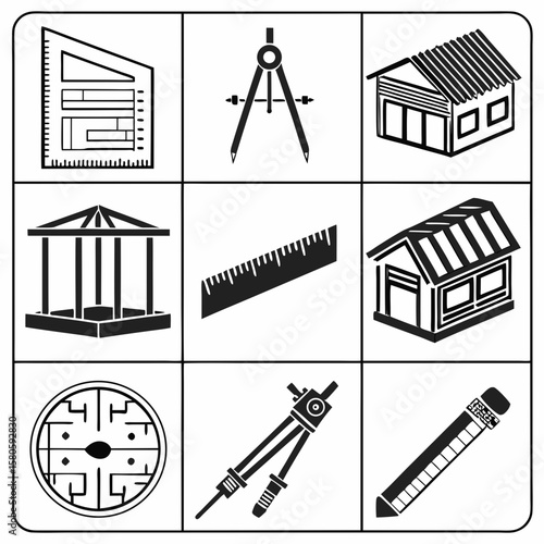 Comprehensive set of technical drawing and measuring tools including rulers compasses and architectural models for precise construction sketches and