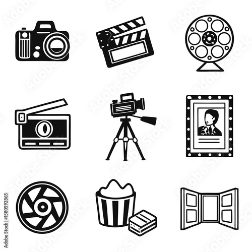Collection of essential filmmaking icons representing camera equipment and media tools used in cinematic production processes for visual storytelling