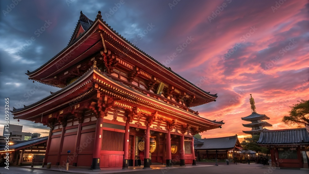 Fototapeta premium Beautiful Traditional Japanese Temple Gate - Senso-ji Temple at Sunset in Asakusa, Tokyo