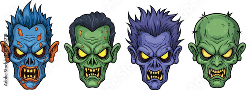 Set of cartoon zombie heads with scary expressions, colorful undead monsters with creepy faces, vector horror illustration for Halloween theme