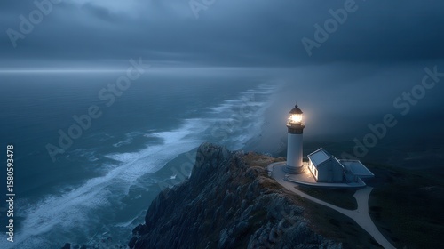 Fototapeta Naklejka Na Ścianę i Meble -  Lighthouse on a cliff by the sea under a gloomy sky