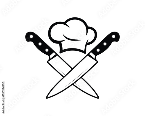 Elegant chef logo featuring crossed knives and a toque, perfect for culinary designs and restaurant branding, showcasing skill and professional kitchen expertise