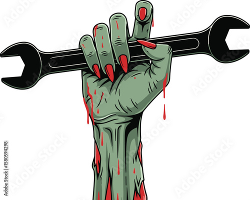 Zombie hand holding wrench with blood, horror mechanic theme, undead repair concept, creepy Halloween illustration, scary undead arm art