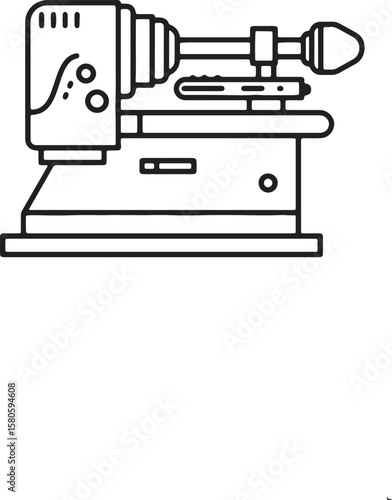 Detailed black and white illustration of a vintage lathe machine for engineering projects